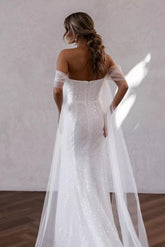 Off-the-Shoulder White Wedding Dress Sequins Mermaid With Slit-27dress